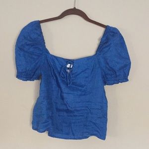 Linen HM Square Neck Blue Puff Sleeve Elastic Bak